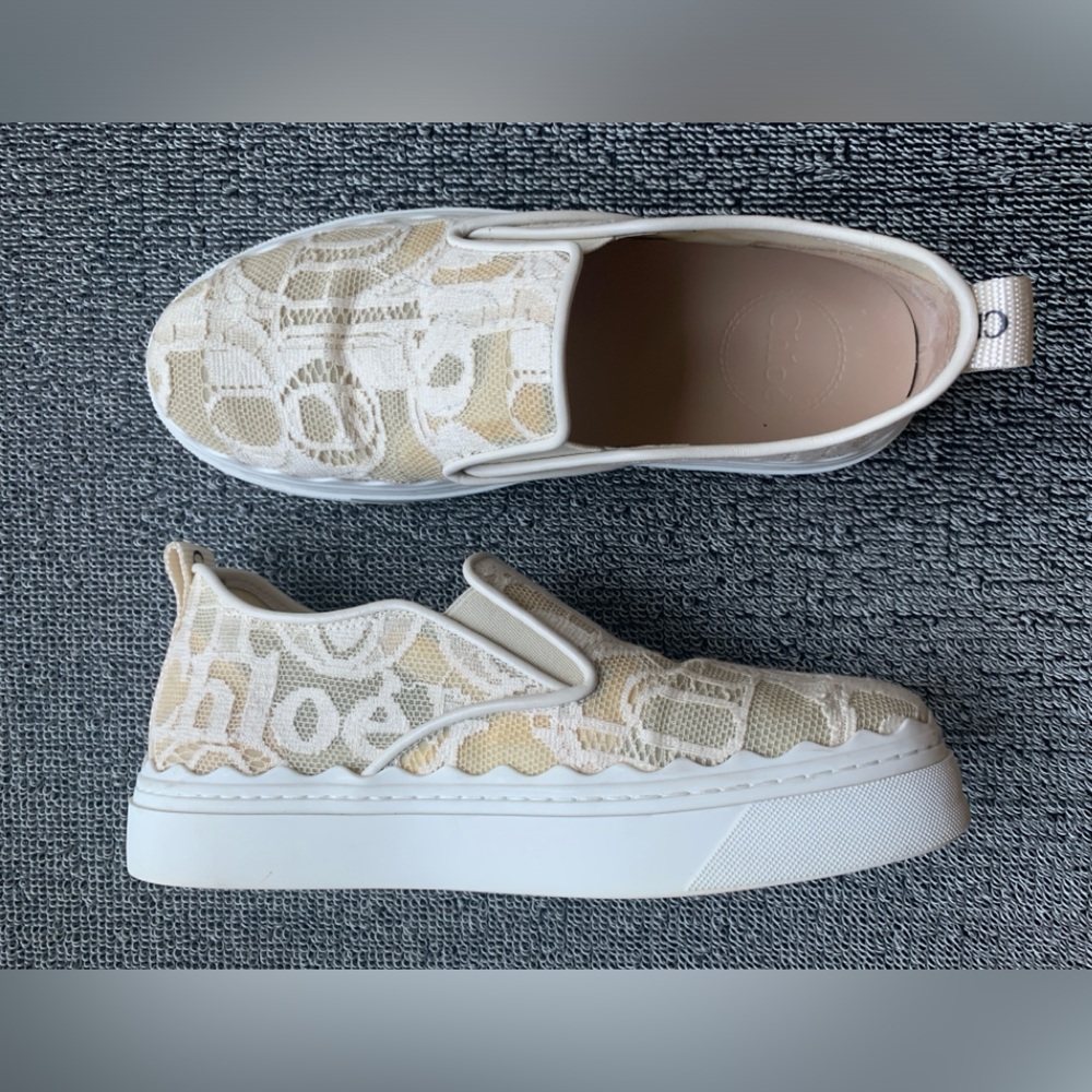 Chloe Cream and White Lace Slip-On Sneakers